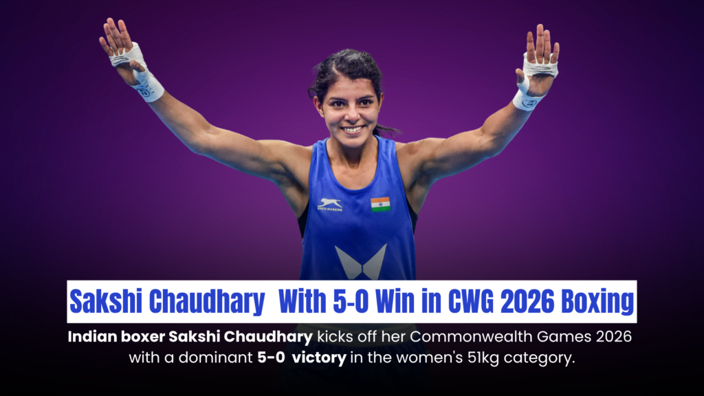 Indian boxer Sakshi Chaudhary in action during her 5-0 victory in the women's 51kg boxing match at the Commonwealth Games 2026.